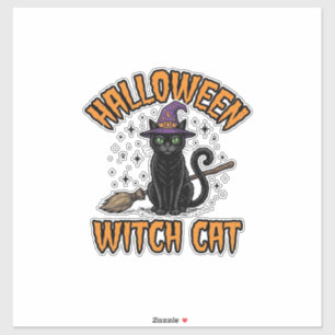 Adesivo Bruxa de Halloween Gato Desenho de Gravura Vintage