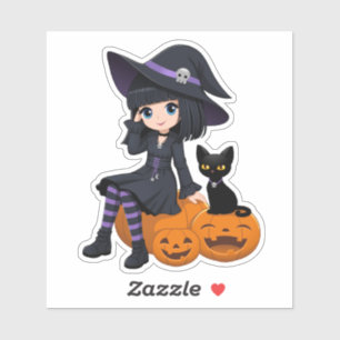 Adesivo Bruxa de Halloween, Gato Preto e Abóboras Curvadas
