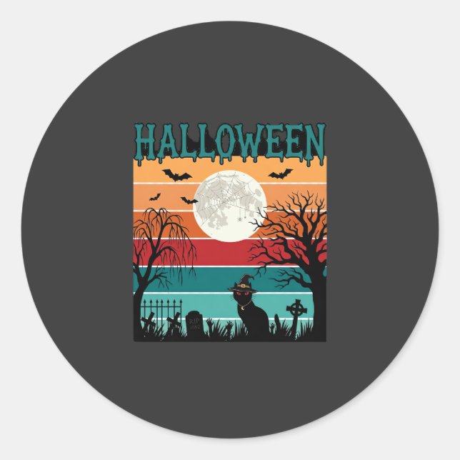 Adesivo Bruxa de Halloween Gato Teia de Aranha Lua Cemitér (Frente)
