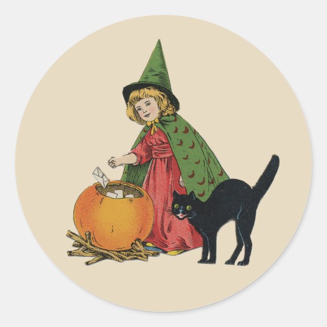 Adesivo Bruxa e Gato de Halloween Vintage, Ellen Clapsaddl (Frente)
