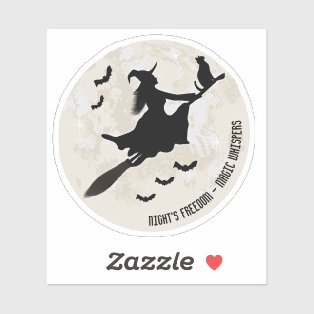 Adesivo bruxa e gato voando sobre uma vassoura (Folha)