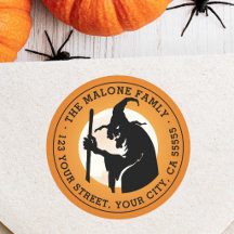 Bruxa e lua Halloween laranja endereço de retorno