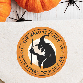 Adesivo Bruxa e lua Halloween laranja endereço de retorno