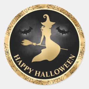 Adesivo Bruxa e Morcegos Dourado & Preto Feliz Halloween
