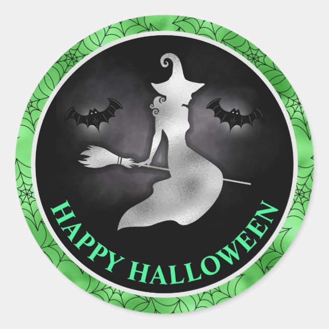 Adesivo Bruxa e Morcegos Verde e Preto Feliz Halloween (Frente)