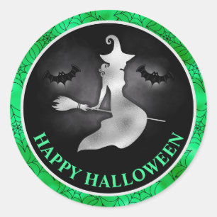 Adesivo Bruxa e Morcegos Verde e Preto Feliz Halloween