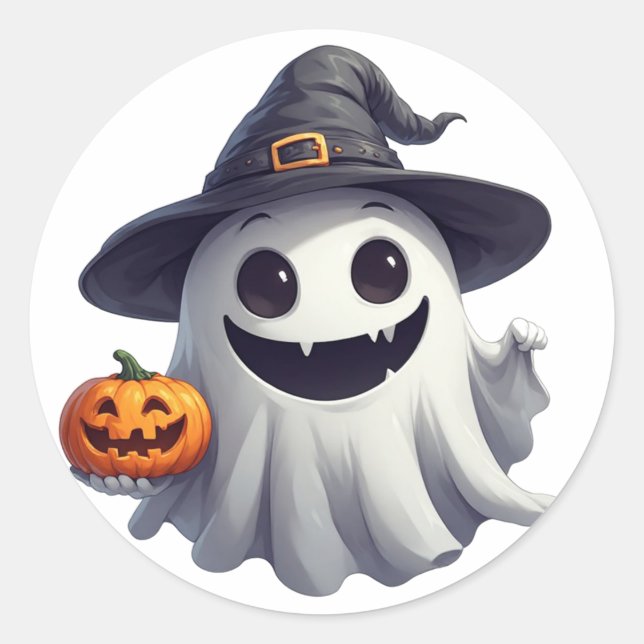 Adesivo Bruxa Fantasma Fofa Com Abóbora Para o Halloween � (Frente)