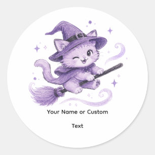 Adesivo Bruxa Gata Roxa Fofa em Vassoira de Halloween