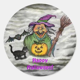 Adesivo Bruxa, Gato, Bat e Pumpkin, Feliz Halloween!