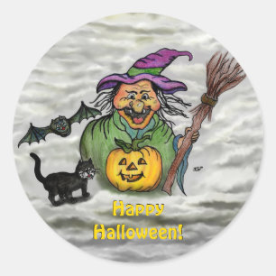 Adesivo Bruxa, Gato, Bat e Pumpkin, Feliz Halloween!