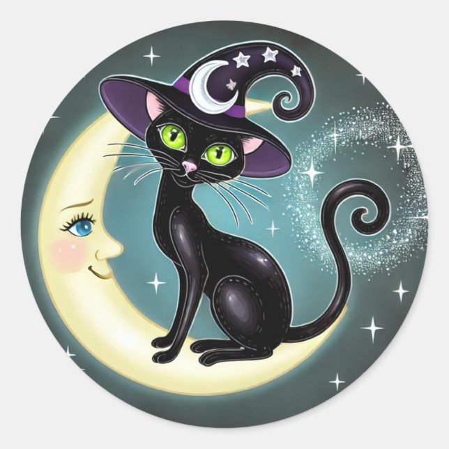 Adesivo Bruxa Gato na Lua Crescente Halloween Wiccan Wicca (Frente)