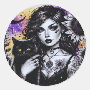 Adesivo Bruxa Gótica Celestial e Gato Negro