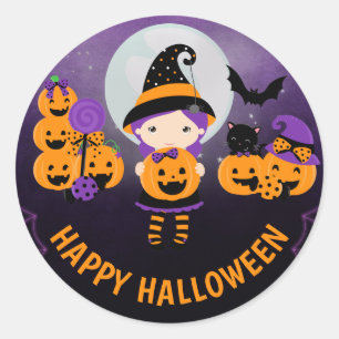 Adesivo Bruxa Menina Fofa e Abóboras Feliz Halloween