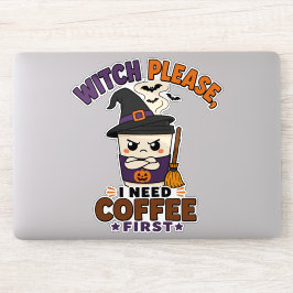 Adesivo Bruxa, por favor, preciso de café primeiro, Hallow