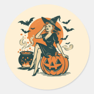 Adesivo Bruxa Vintage de Halloween em Pumpkin Bats Cauldro