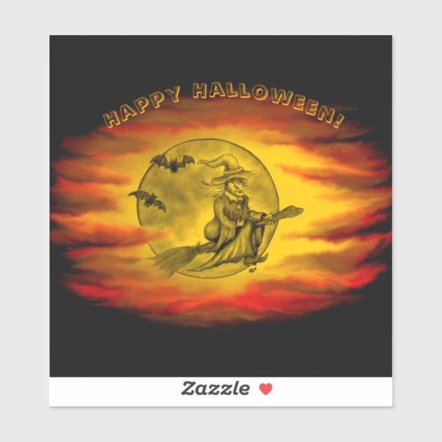 Adesivo bruxa voadora com gato preto, noite de halloween (Folha)