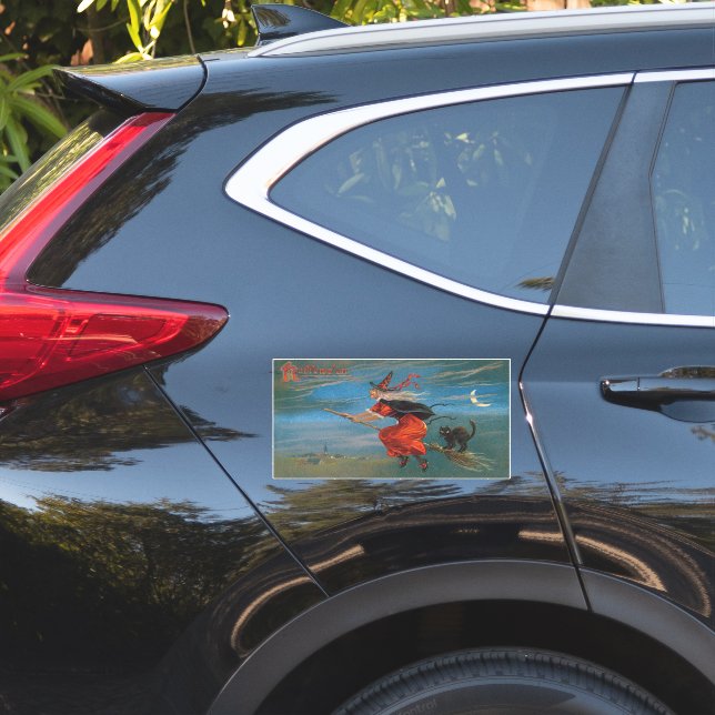 Adesivo Bruxa voando com gato preto na noite de Halloween (Lado do carro)