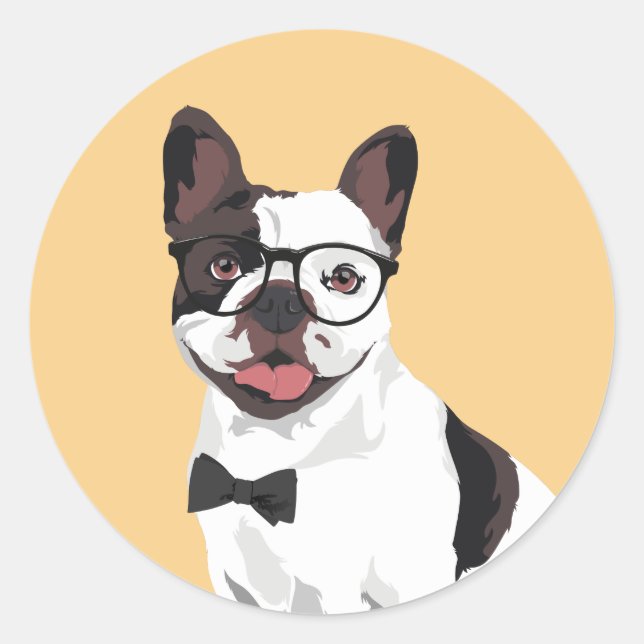 Adesivo Buldogue francês branco e castanho hipster (Frente)