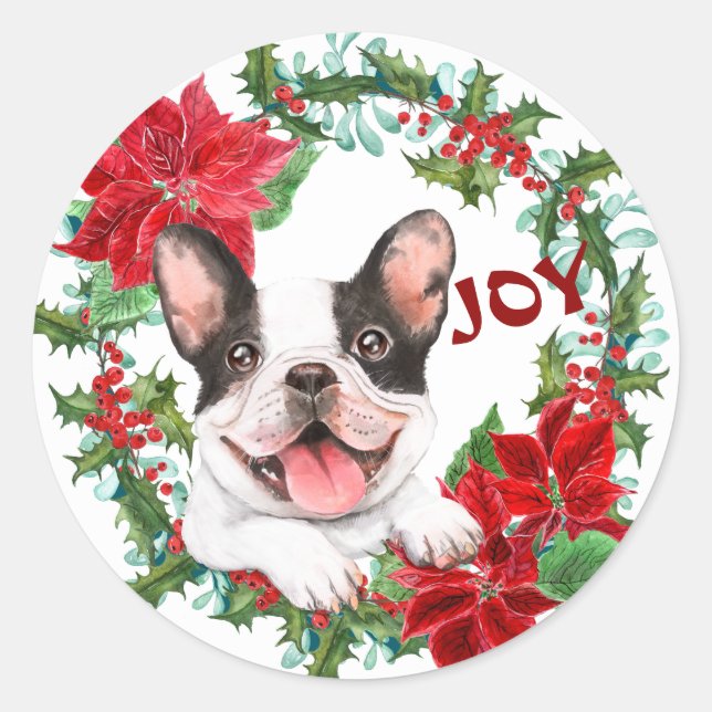 Adesivo Buldogue Francês Joy Poinsettia Christmas Wreath (Frente)