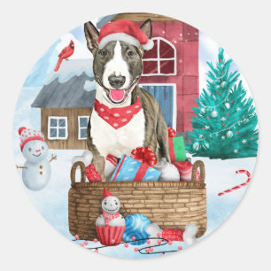 Adesivo Bull Terrier Cachorro na neve Casa de Natal para C