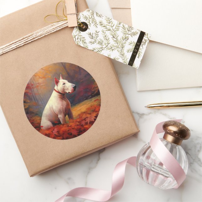 Adesivo Bull Terrier no outono deixa cair inspiração (Presentear)