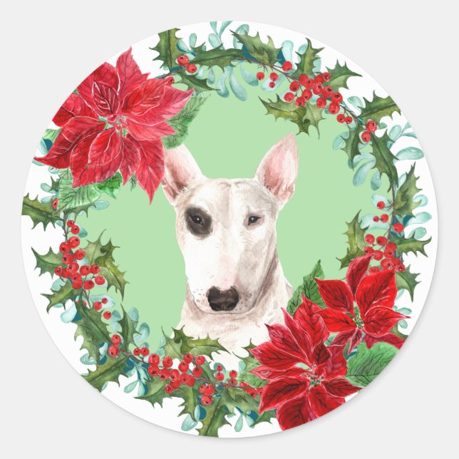 Adesivo Bull Terrier Poinsettia Holly Christmas Wreath (Frente)