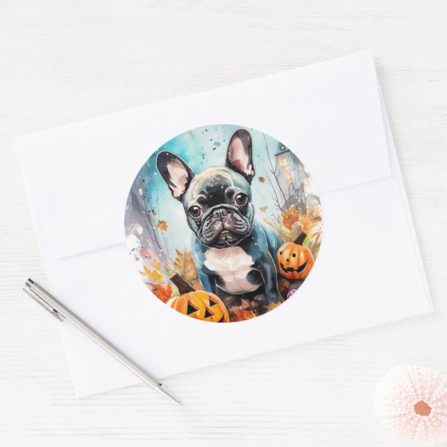 Adesivo Bulldog Francês de Halloween com Abóboras Assustad (Envelope)