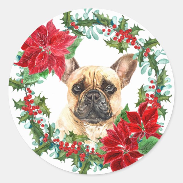 Adesivo Bulldog Francês Poinsettia Holly Christmas Wreath (Frente)