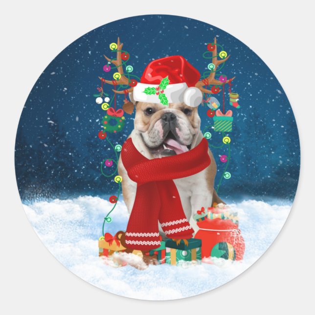 Adesivo Bulldog Inglês em Neve com Presentes de Natal (Frente)