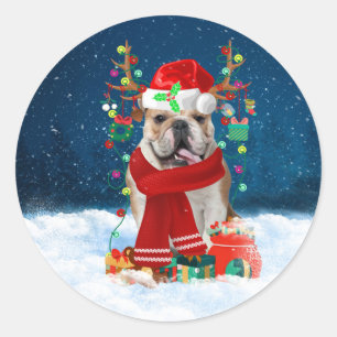 Adesivo Bulldog Inglês em Neve com Presentes de Natal