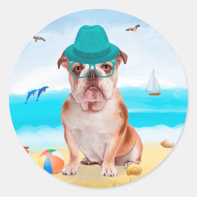 Adesivo Bulldog Inglês na Praia (Frente)