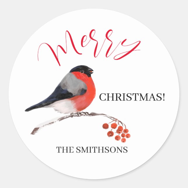 Adesivo Bullfinch and red Rowan berries, Merry Christmas! (Frente)