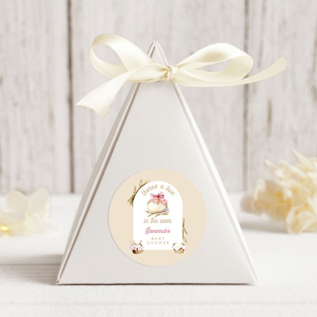 Adesivo Bun In The Oven Pink Gingham Bow Baby Shower (Criador carregado)