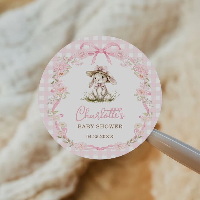 Adesivo Bunny Pink Bow Gingham Baby Shower (Criador carregado)