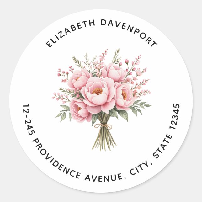 Adesivo Buquê de Flores de Peônia Rosa Bonito Endereço (Frente)