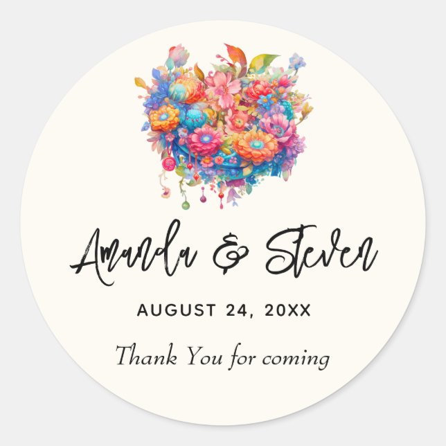 Adesivo Buquê Flor Laranja E Casamento Azul Obrigado (Frente)