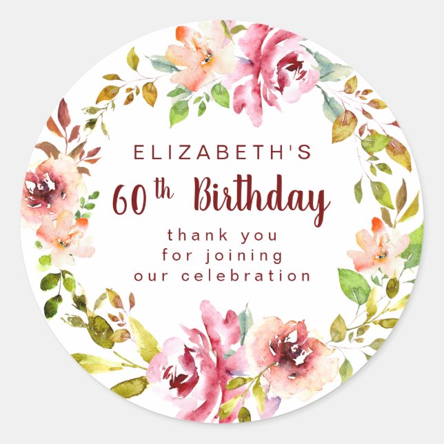 Adesivo Burgundy 60º aniversário Floral Wreath Obrigado (Frente)