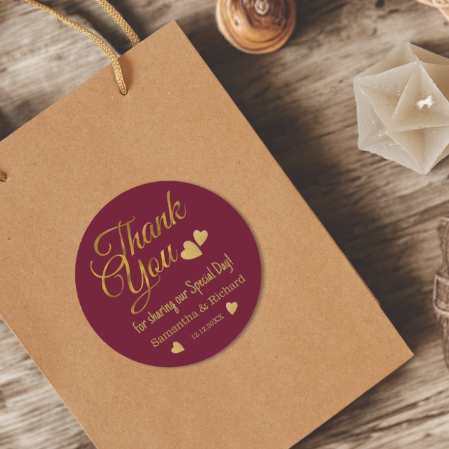Adesivo Burgundy And Gold Thank You Wedding Party Favor    (Criador carregado)