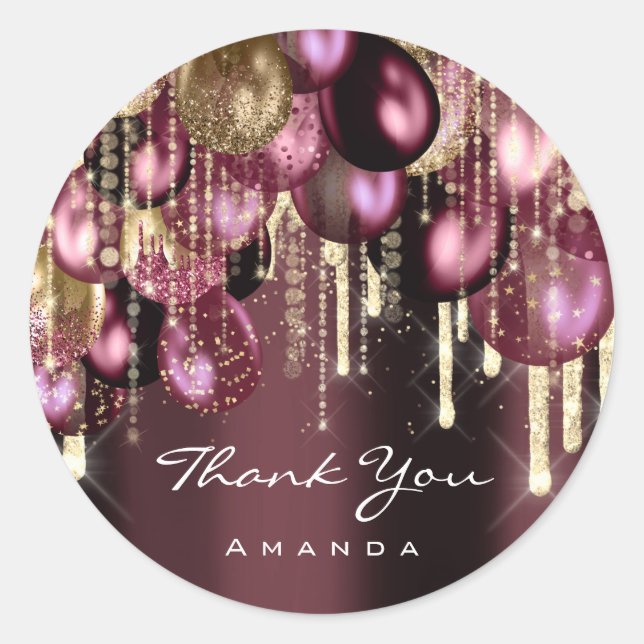 Adesivo Burgundy DOURADA GLITTER BALLONS DRIP OBRIGADO (Frente)