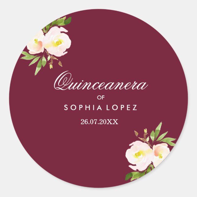 Adesivo Burgundy Elegant Floral Quinceanera Sticker (Frente)