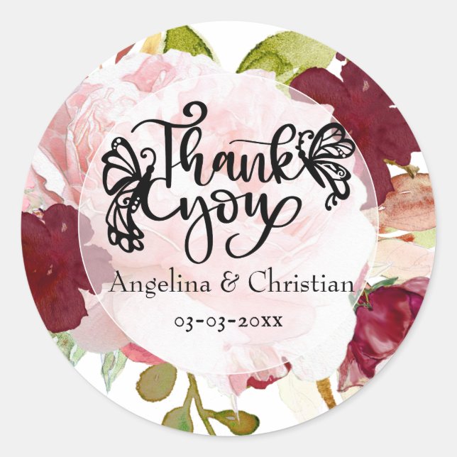 Adesivo Burgundy Floral Buquê Obrigado Casamento (Frente)