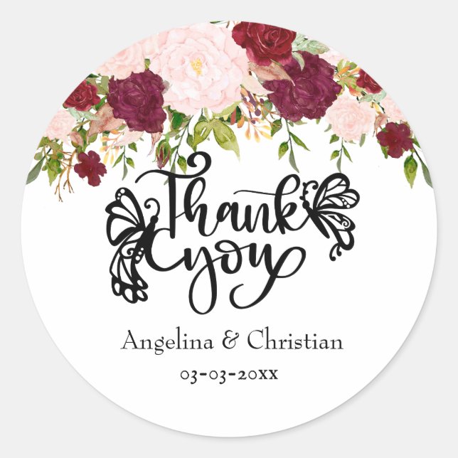 Adesivo Burgundy Floral Buquê Obrigado Casamento (Frente)