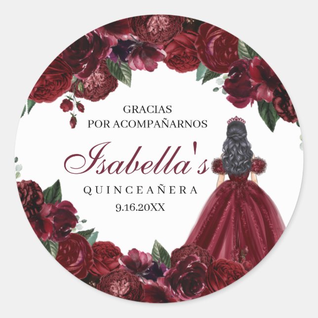Adesivo Burgundy Floral Quinceanera Round Stickers (Frente)