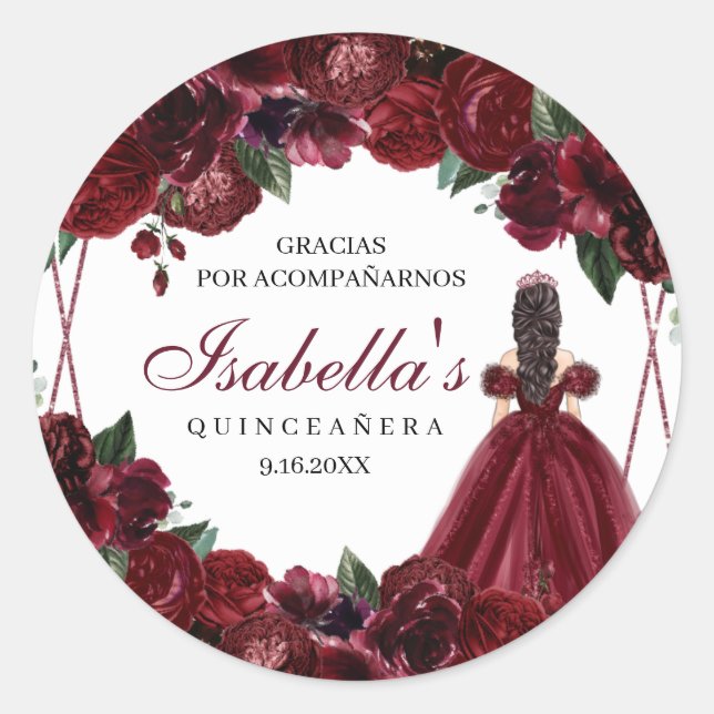 Adesivo Burgundy Floral Quinceanera Round Stickers (Frente)