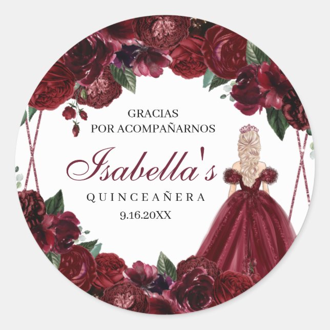 Adesivo Burgundy Floral Quinceanera Round Stickers (Frente)