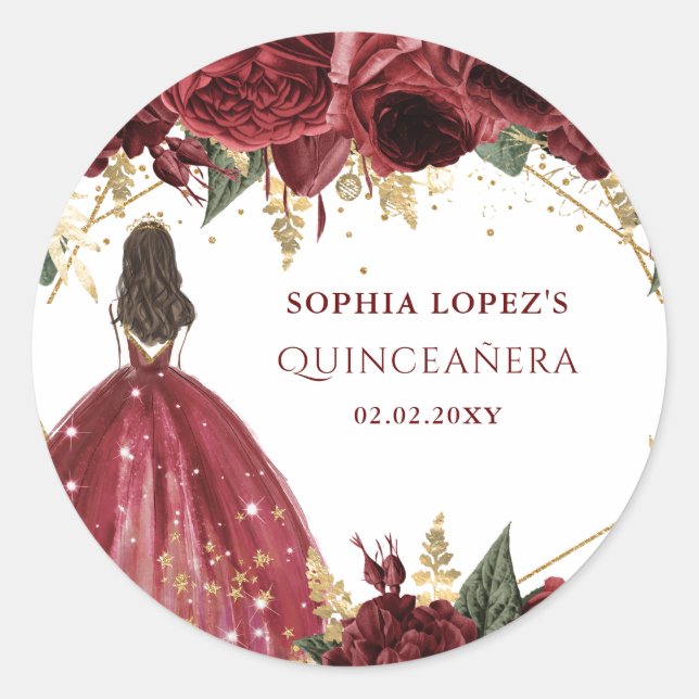 Adesivo Burgundy Gold Floral Princess Quinceanera   (Frente)