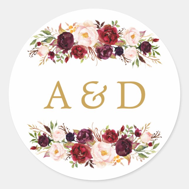 Adesivo Burgundy Marsala Floral Weding Favor Sticker (Frente)