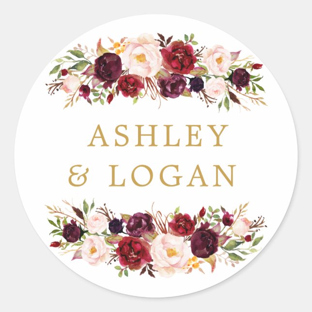 Adesivo Burgundy Marsala Floral Weding Favor Sticker (Frente)