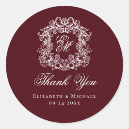 Adesivo Burgundy Monogram Wedding Crest Thank You