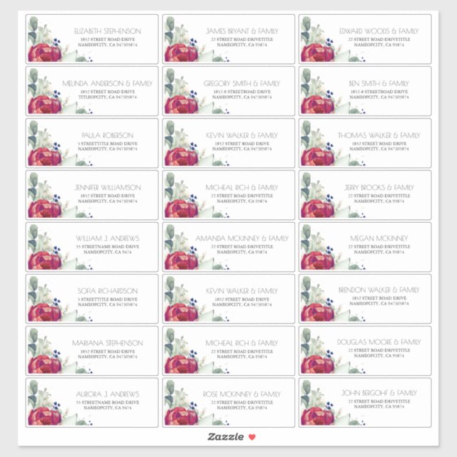 Adesivo Burgundy Red Peony Marinho Nomes de Convidado (Folha)